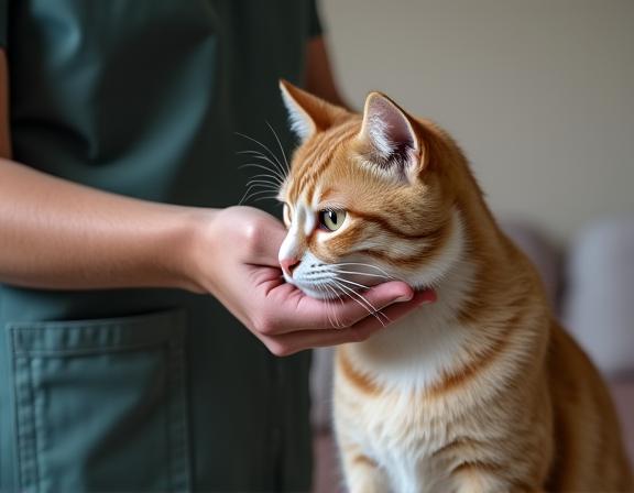 A staff member gently stroking a cat in a quiet, comfortable room.