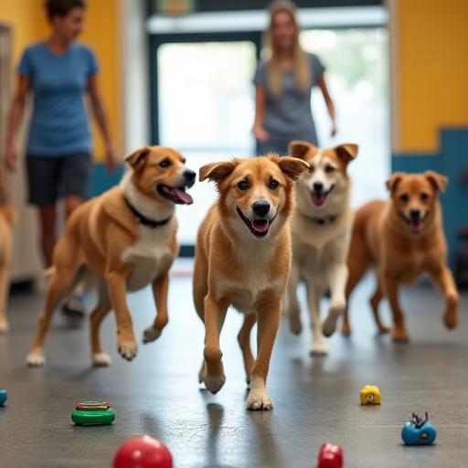 Several happy dogs playing together in a supervised indoor daycare area.