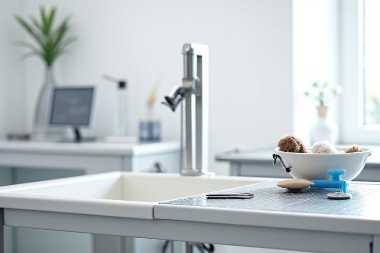 A modern and hygienic pet grooming station with professional equipment.